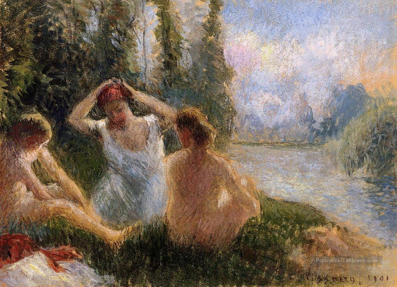 baigneurs assis sur les berges d’une rivière 1901 Camille Pissarro Peintures à l'huile